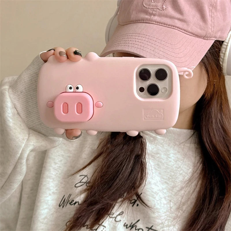 Funny Cute Pink Pig Folding Holder Stand Phone Case