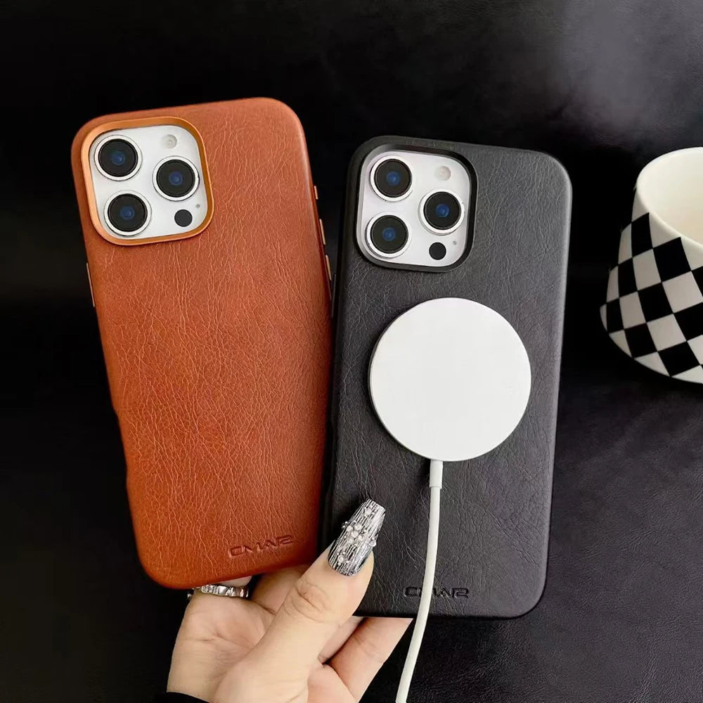 Leather-Style MagSafe iPhone Case With Alloy Lens Bumper Armor