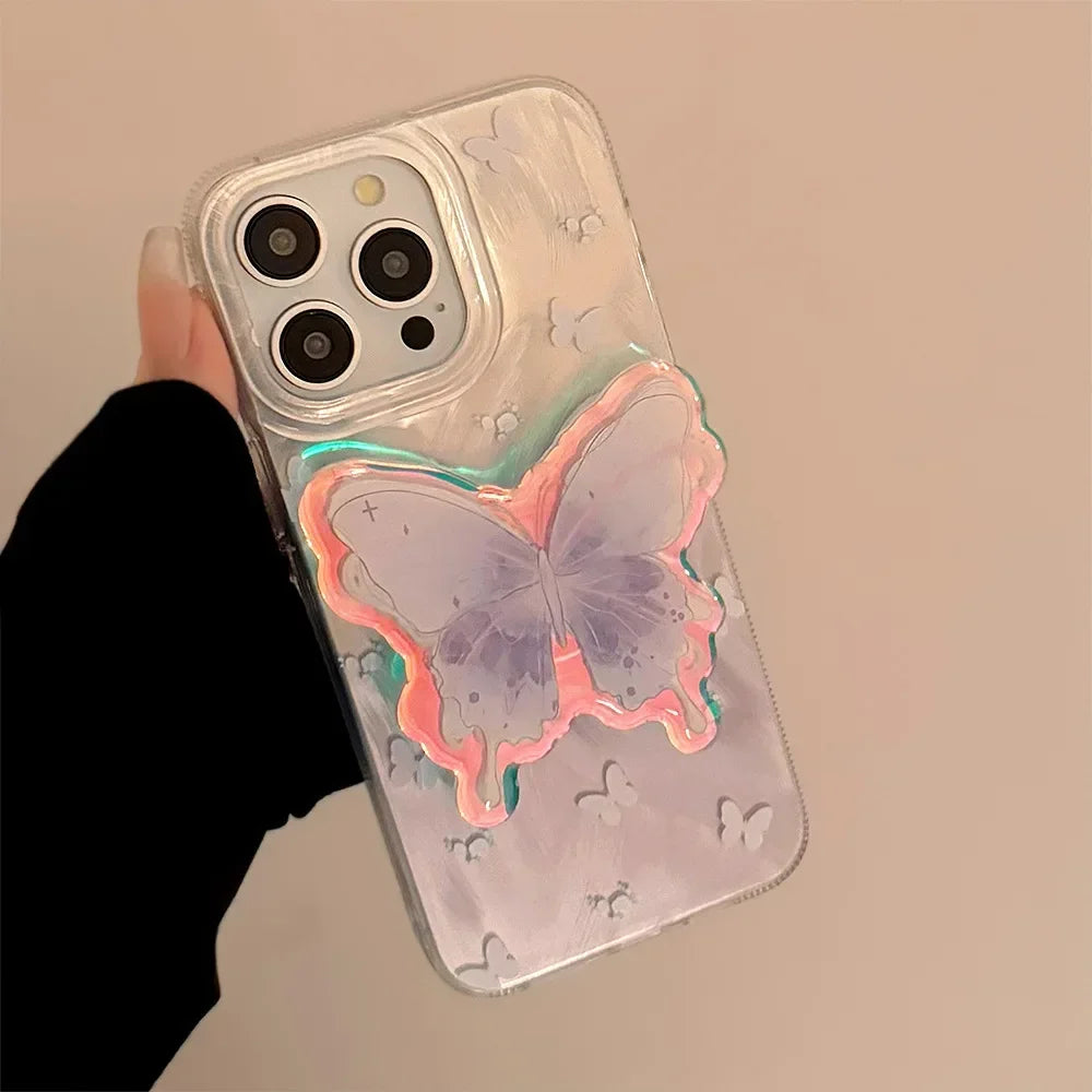 Luxury Laser Watercolor Butterfly Bracket Phone Case For iPhone