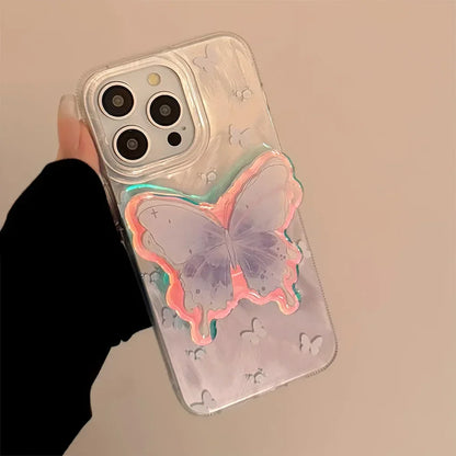 Luxury Laser Watercolor Butterfly Bracket Phone Case For iPhone