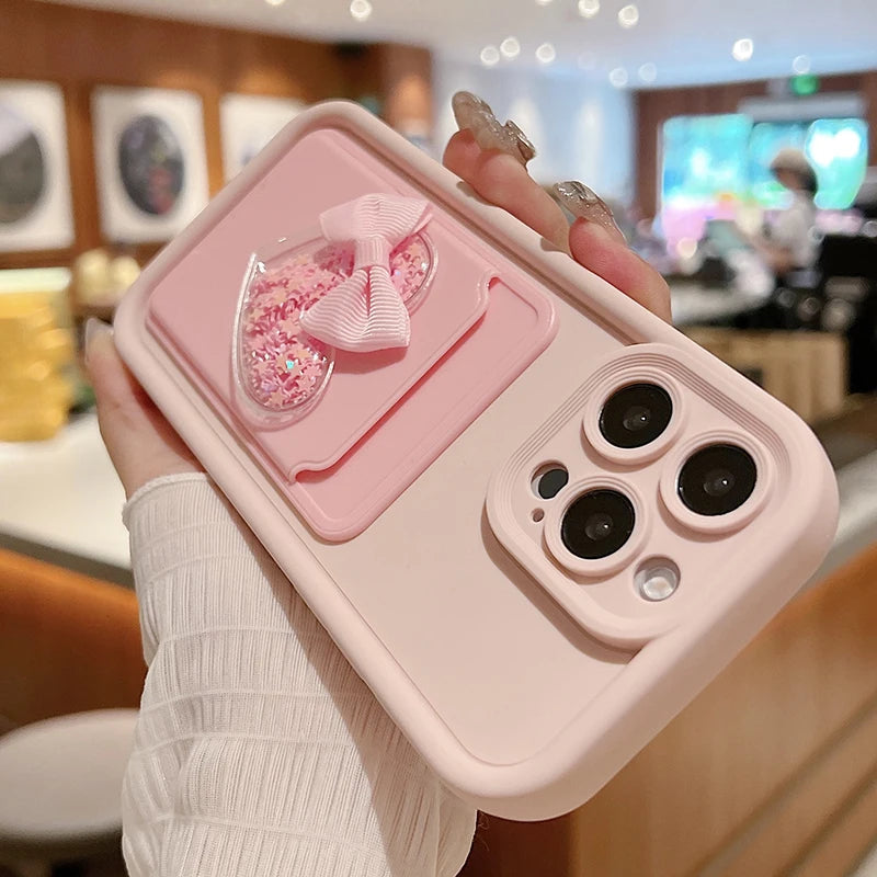 Lovely 3D Love Heart Card Bag Holder Phone Case For iPhone Shockproof Candy Soft Cover