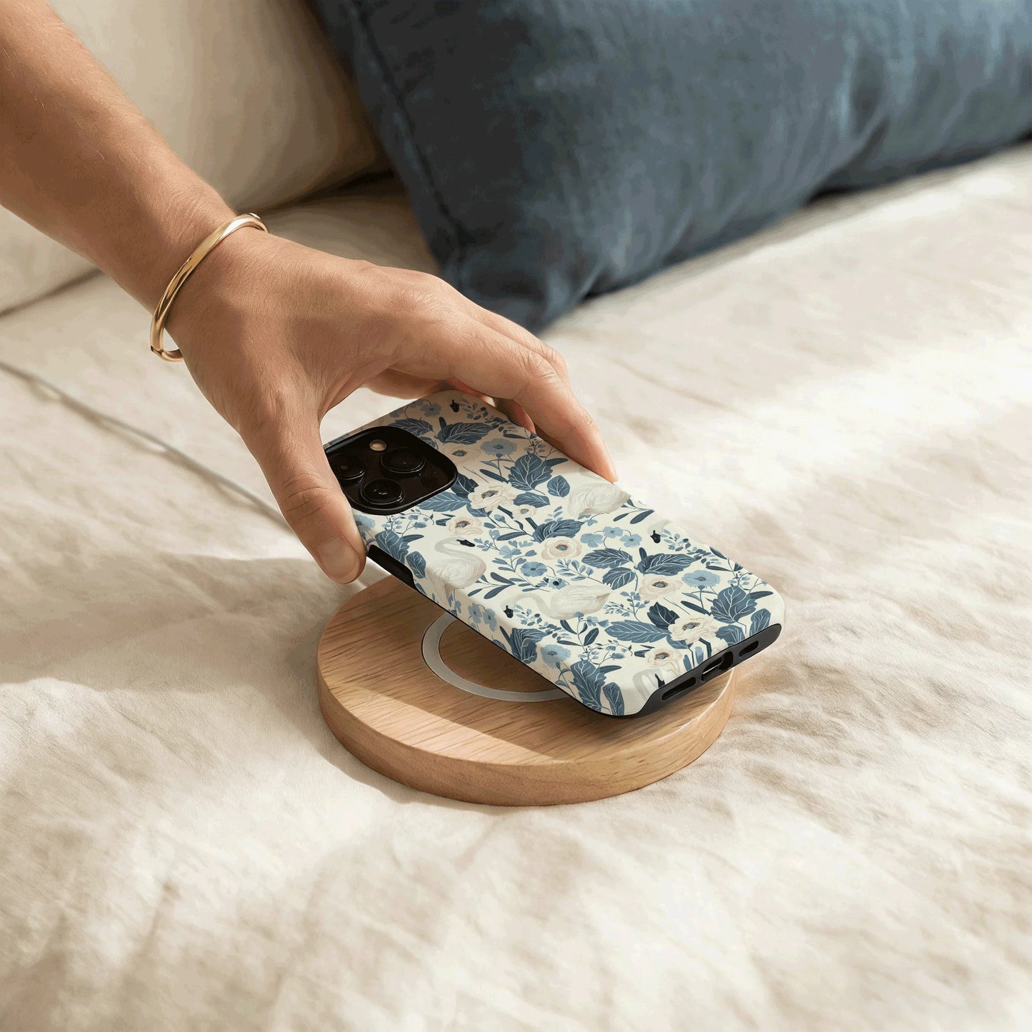 Elegant Swan Blue Floral Botanical Magnetic Case For iPhone