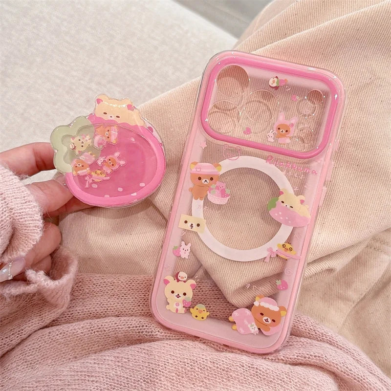 Cute Strawberry Bear Phone Case For iPhone With Magnetic Grip Stand Shockproof