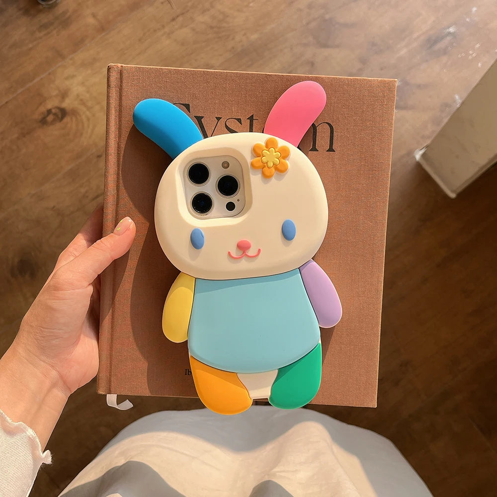 Japan Ins Kawaii 3D Cartoon Rainbow Bunny Rabbit Soft Silicon Phone Case Shockproof Cover For iPhone