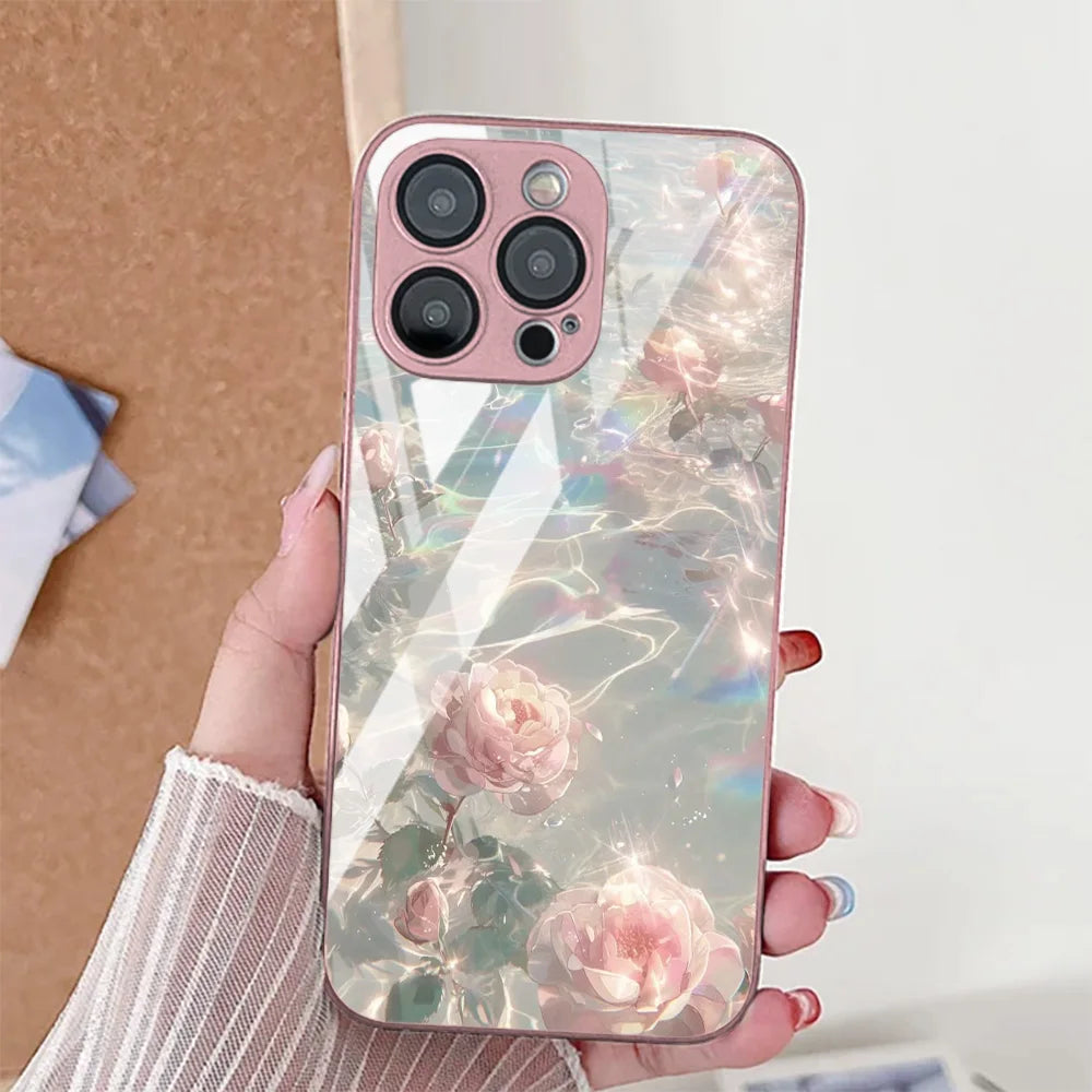 Flower Phone Case For iPhone  Shockproof Tempered Glass Cover