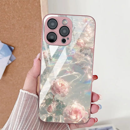 Flower Phone Case For iPhone  Shockproof Tempered Glass Cover