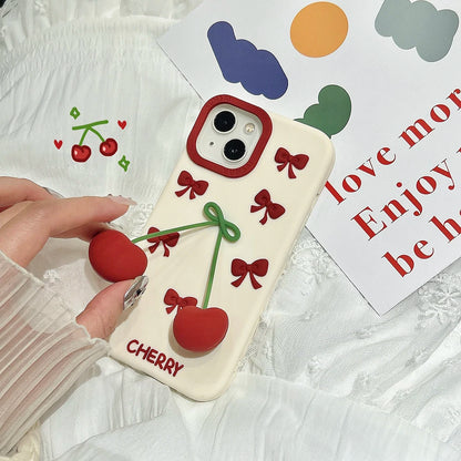 3D Bow Cherry Pendant Shockproof Cover Cartoon Shatter Silicone Soft Phone Case For iPhone