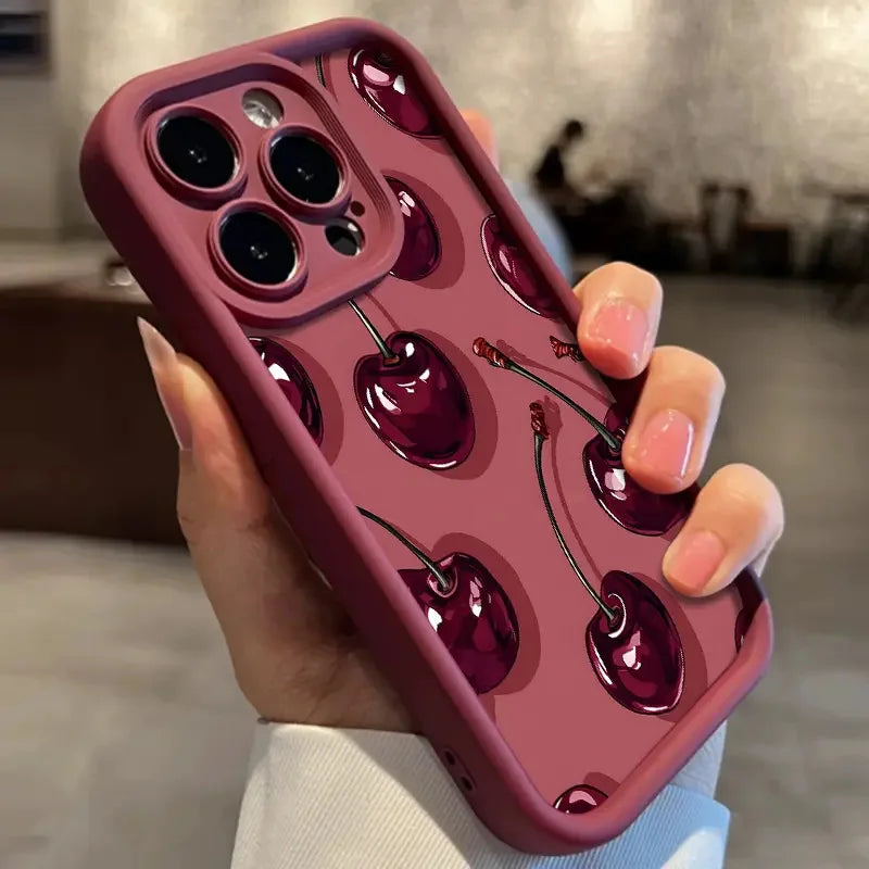 Luxury Wine Red Cherry Print Case For iPhone