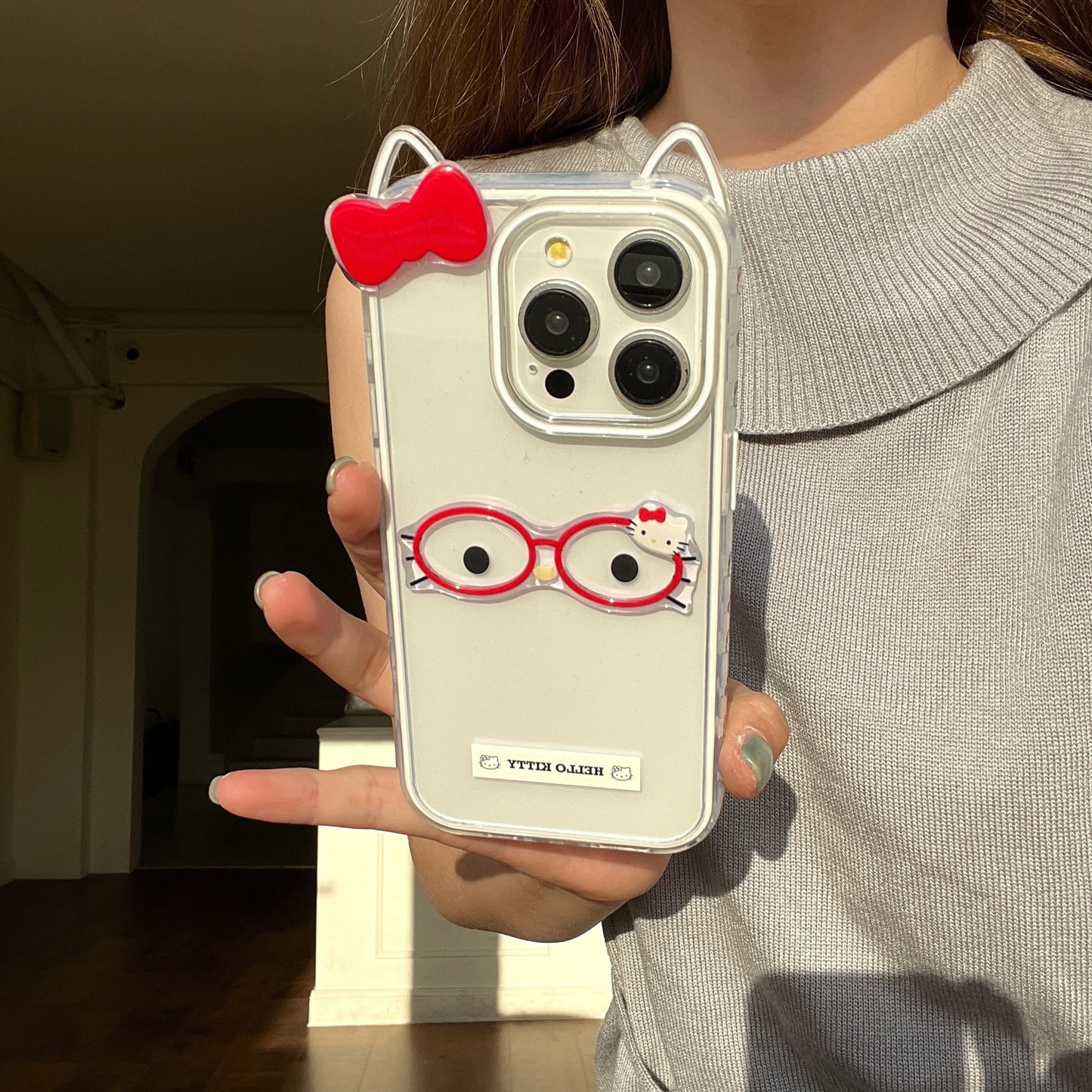 Cute 3D Bow Cartoon Glasses Hello Kitty Acrylic Sheet Cat Phone Case