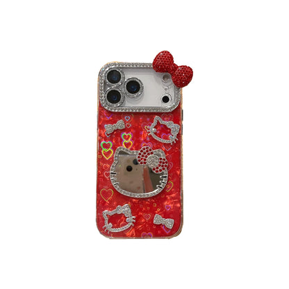 Sanrio Hello Kitty Bling Glitter Makeup Mirror Phone Case For iPhone 3D Cute Cartoon Hard Cover