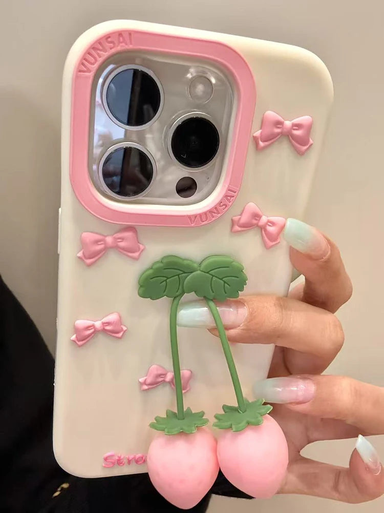 Cute Pink 3D Bow Strawberry Silicone Phone Case