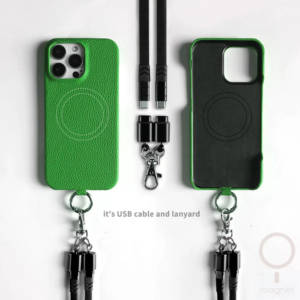 Versatile Lanyard Charging Cable Genuine Leather Phone Case For iPhone