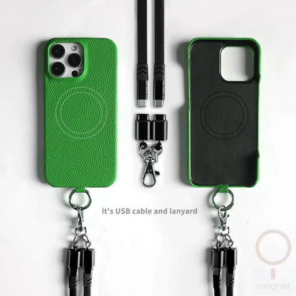Versatile Lanyard Charging Cable Genuine Leather Phone Case For iPhone