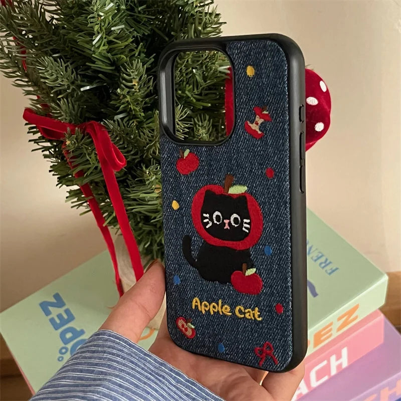 Embroidered Kitten Denim Phone Case