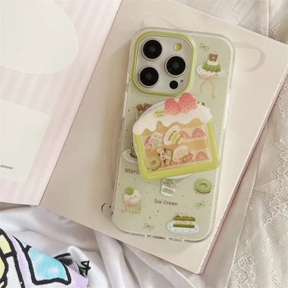 Cute Matcha Cake Magnetic Stand Phone Case For iPhone Magsafe Holder Grip Cases Funda