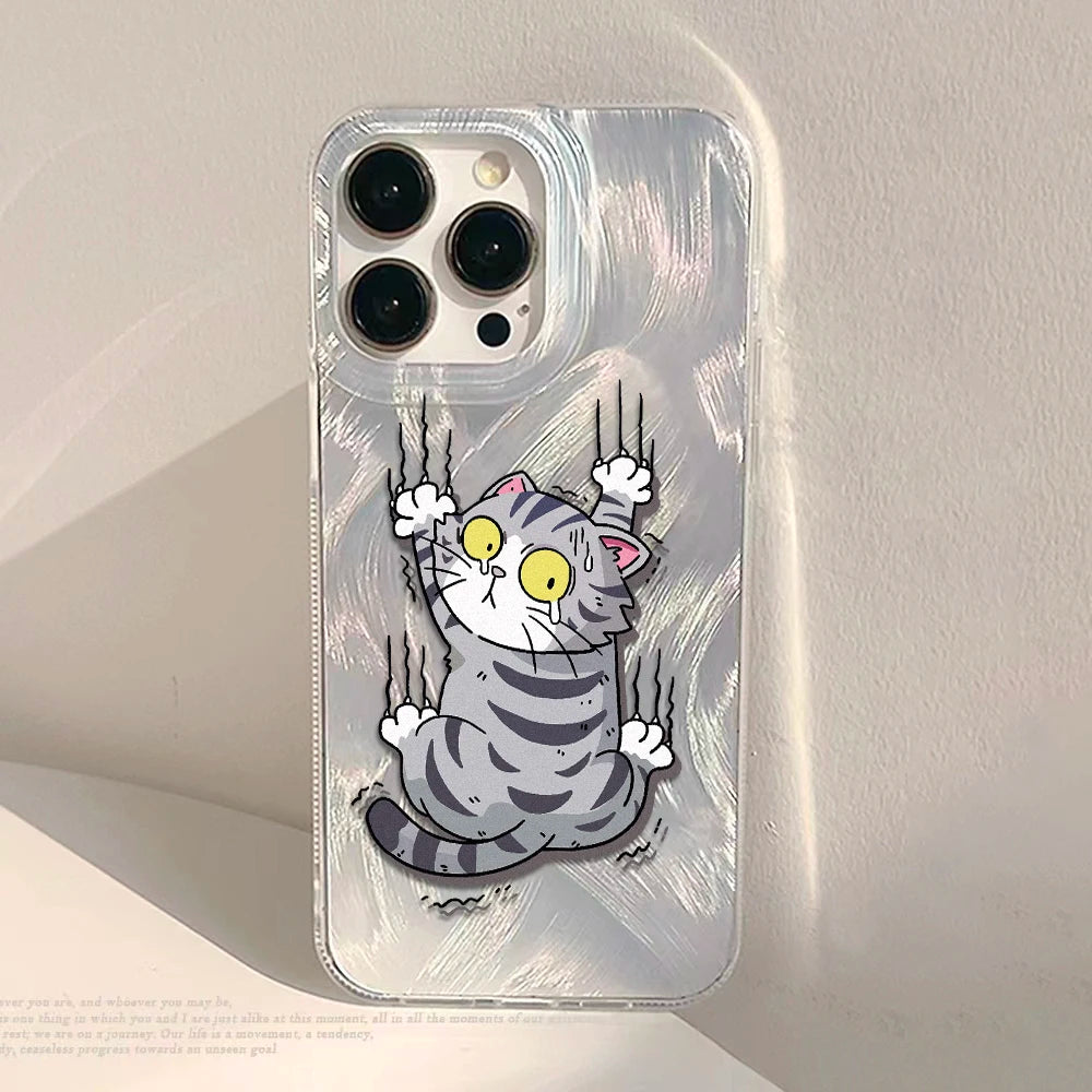 Cute Black Cat Phone Case For iPhone Laser Silver Feather Texture Shockproof Cover