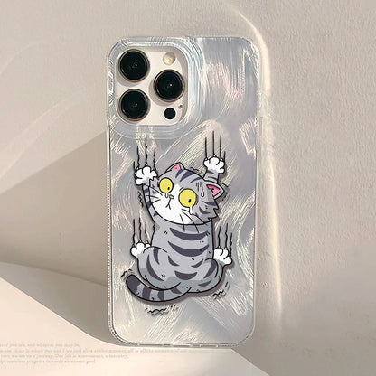 Cute Black Cat Phone Case For iPhone Laser Silver Feather Texture Shockproof Cover