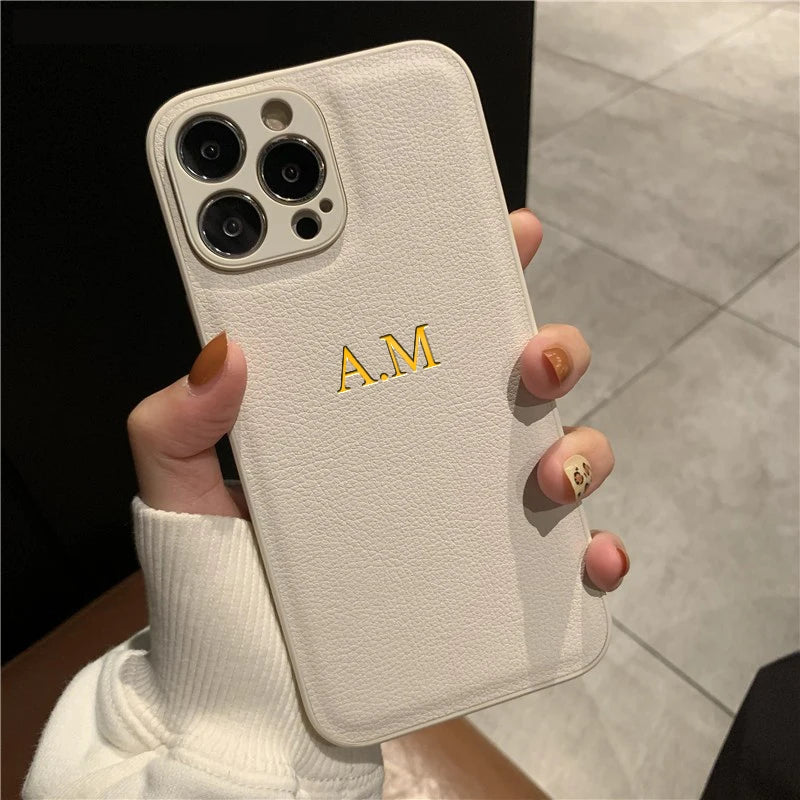 Personalized Phone Case For iPhone Luxury PU Leather Customized Initials Name Gift Cover