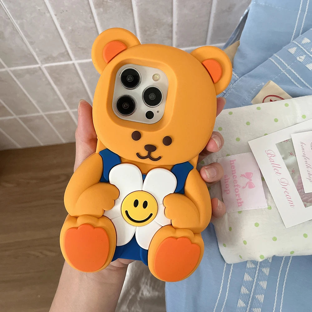 Kawaii 3D Cartoon Floral Teddy Bear Soft Silicone Case For iPhone