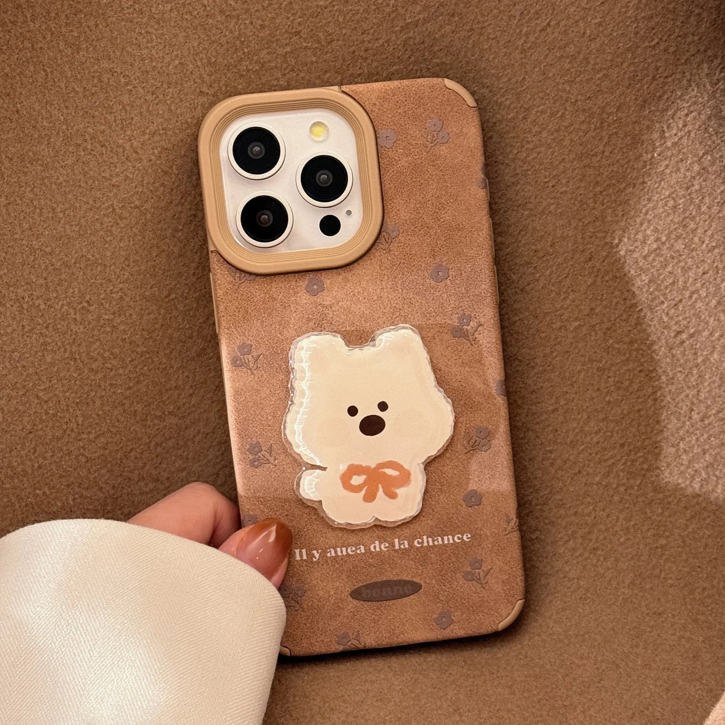 Cute Cartoon 3D White Puppy Flowers Suede Leather Phone Case With Pendants For iPhone