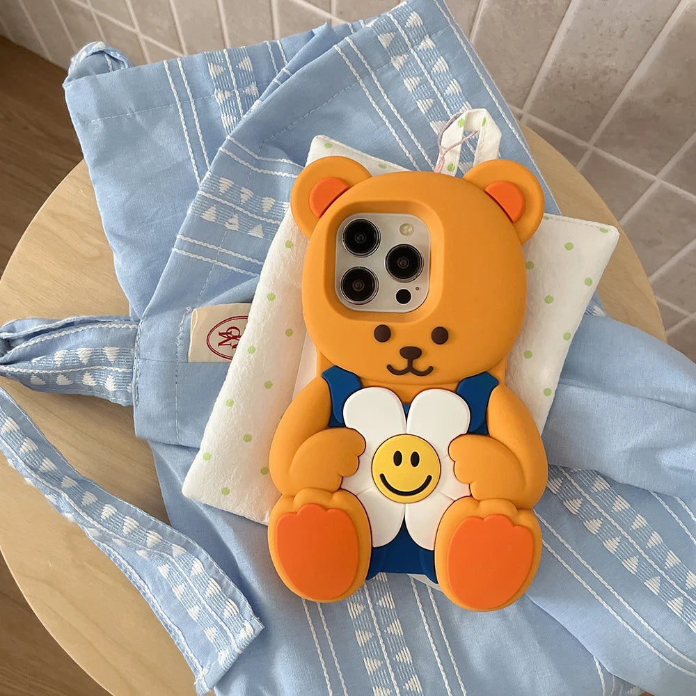 Kawaii 3D Cartoon Floral Teddy Bear Soft Silicone Case For iPhone
