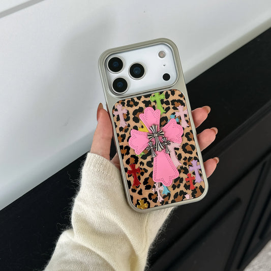 Silver-edged gold-plated Leopard Print Pink Chrome Hearts Phone Case For iPhone