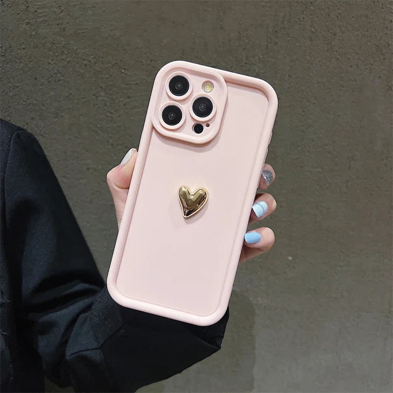 Luxury 3D Gold Heart Silicone Phone Case Shockproof Matte Cover For iPhone