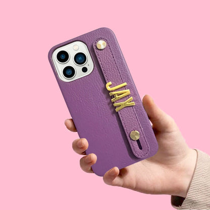 Holding Strap Personalised Custom Name Gold Metal Letters Leather Phone Case For Iphone