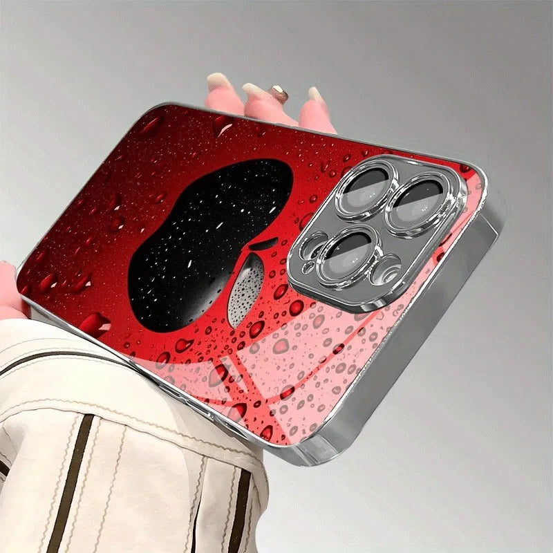 Advanced Lucky Red Water Drop Apple Pattern For iPhone Case Plating Silver Glass Design
