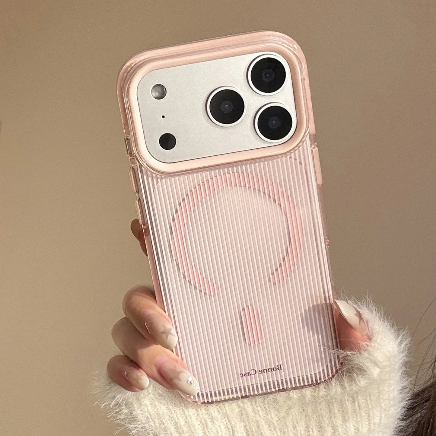 Korean Pink Striped With Plaid Love Heart Bracket Magnetic Phone Case For iPhone