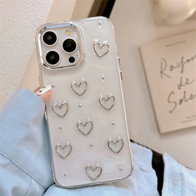 Fashion Metal Silver Love Heart Epoxy Glitter Phone Case