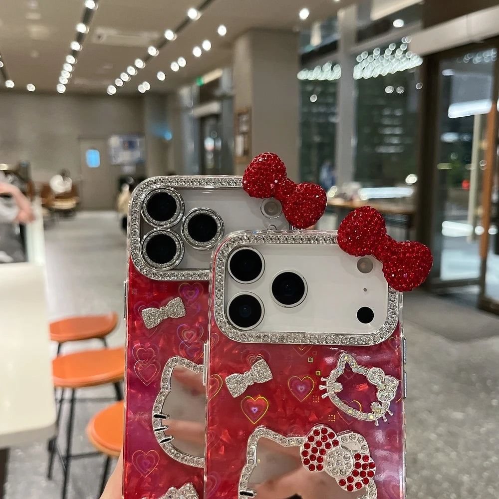 Sanrio Hello Kitty Bling Glitter Makeup Mirror Phone Case For iPhone 3D Cute Cartoon Hard Cover
