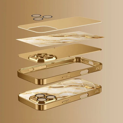 Golden Marble Waves Gold Metallic Paint Tempered Glass Phone Case For iPhone