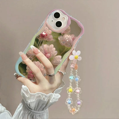 Phone Case For iPhone Back Cover Flower Bracelet Wrist Chain Strap