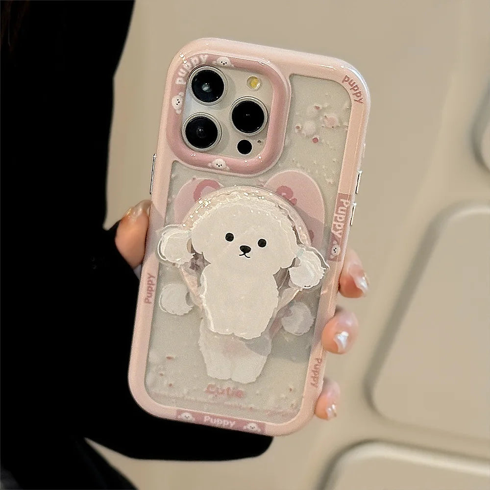 Cute Pink Puppy Magnetic Stand Holder Magsafe Wireless Charge Case For iPhone