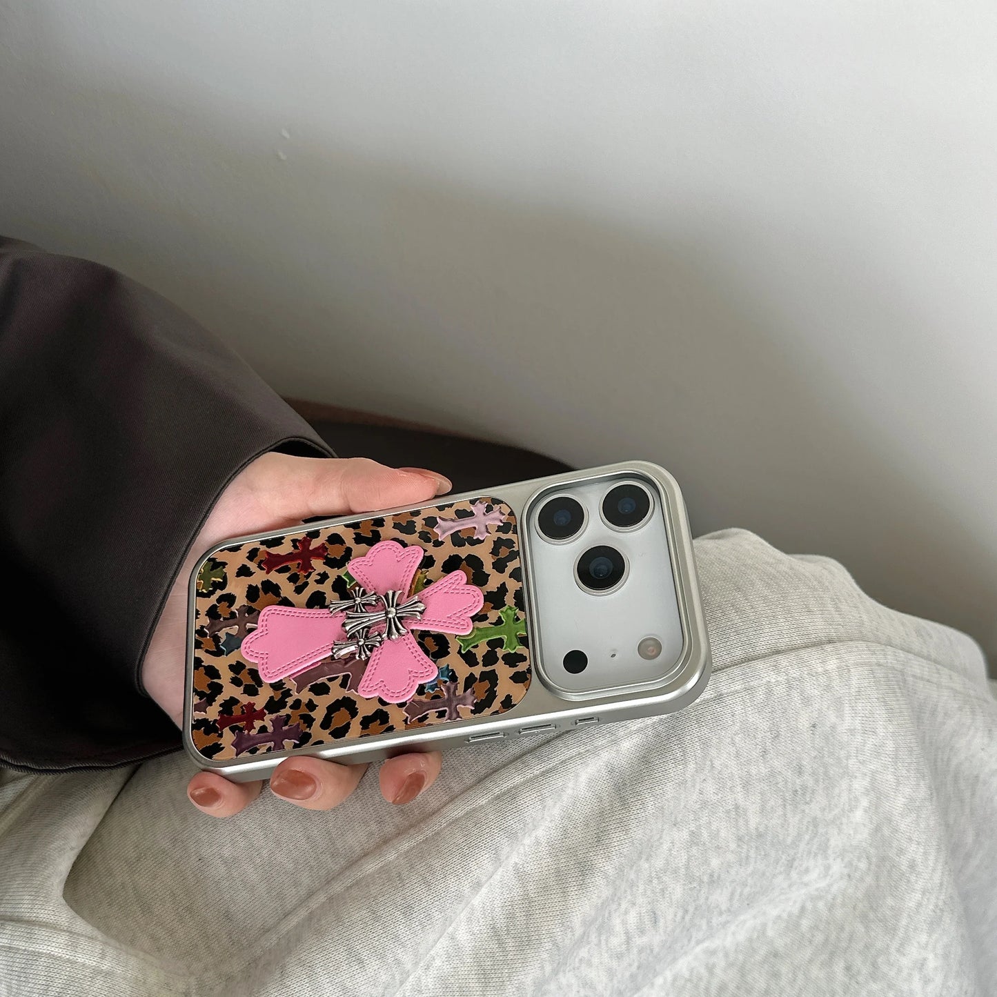 Silver-edged gold-plated leopard Print Pink Chrome Hearts phone case for iPhone