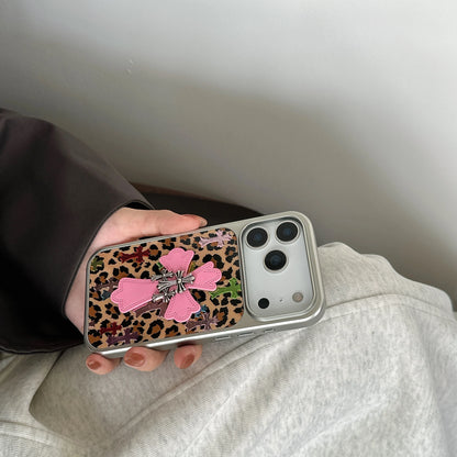 Silver-edged gold-plated Leopard Print Pink Chrome Hearts Phone Case For iPhone