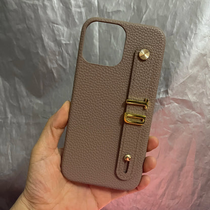 Personalized Leather Phone Case with Strap & Gold Letters For iPhone