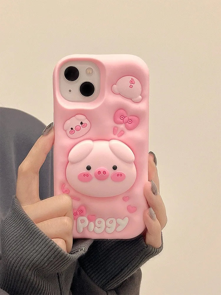 Cute Funny Pig Piggy Telescopic Bracket Case For iPhone