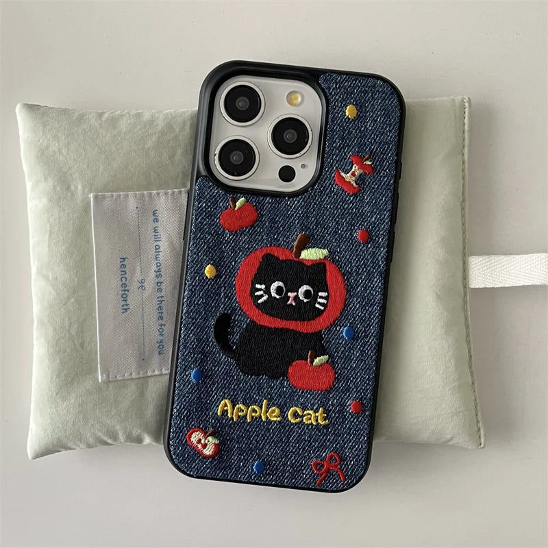 Embroidered Kitten Denim Phone Case