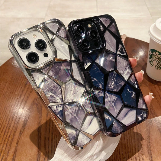 Plating Glitter Diamond Pattern Colorful Marble Phone Case For iPhone
