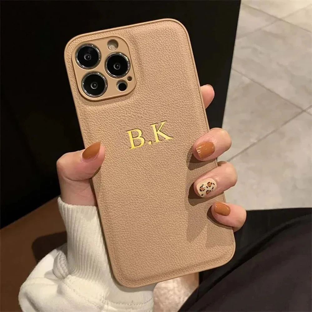 Personalized Phone Case For iPhone Luxury PU Leather Customized Initials Name Gift Cover