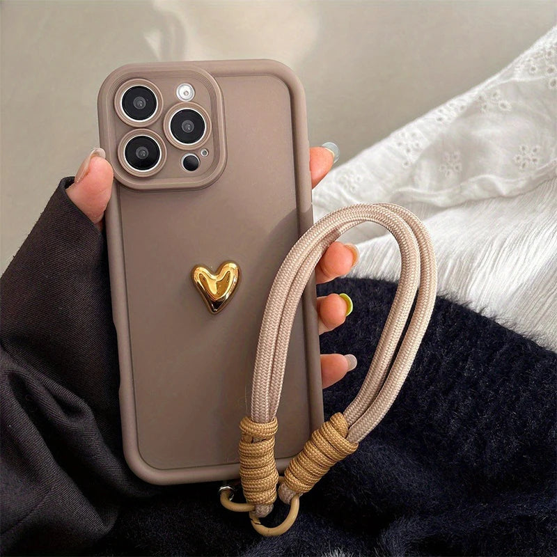 Cute Korean 3D Golden Love Heart Soft Case For iPhone Wrist Chain Hang Strap Cover