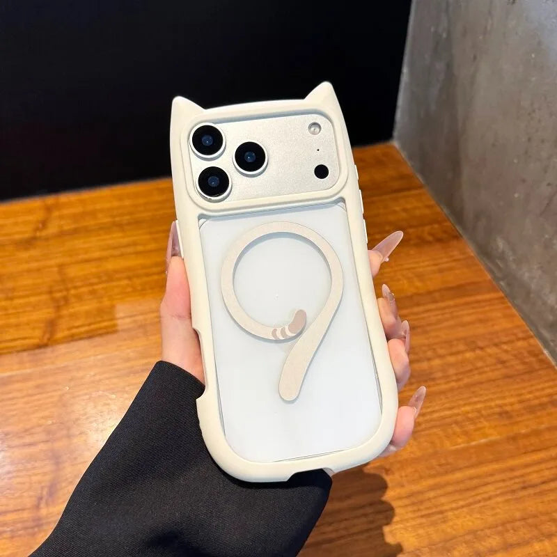 For Magsafe Cartoon Cat Ear Transparent Case For iPhone Magnetic Wireless Charging Cover