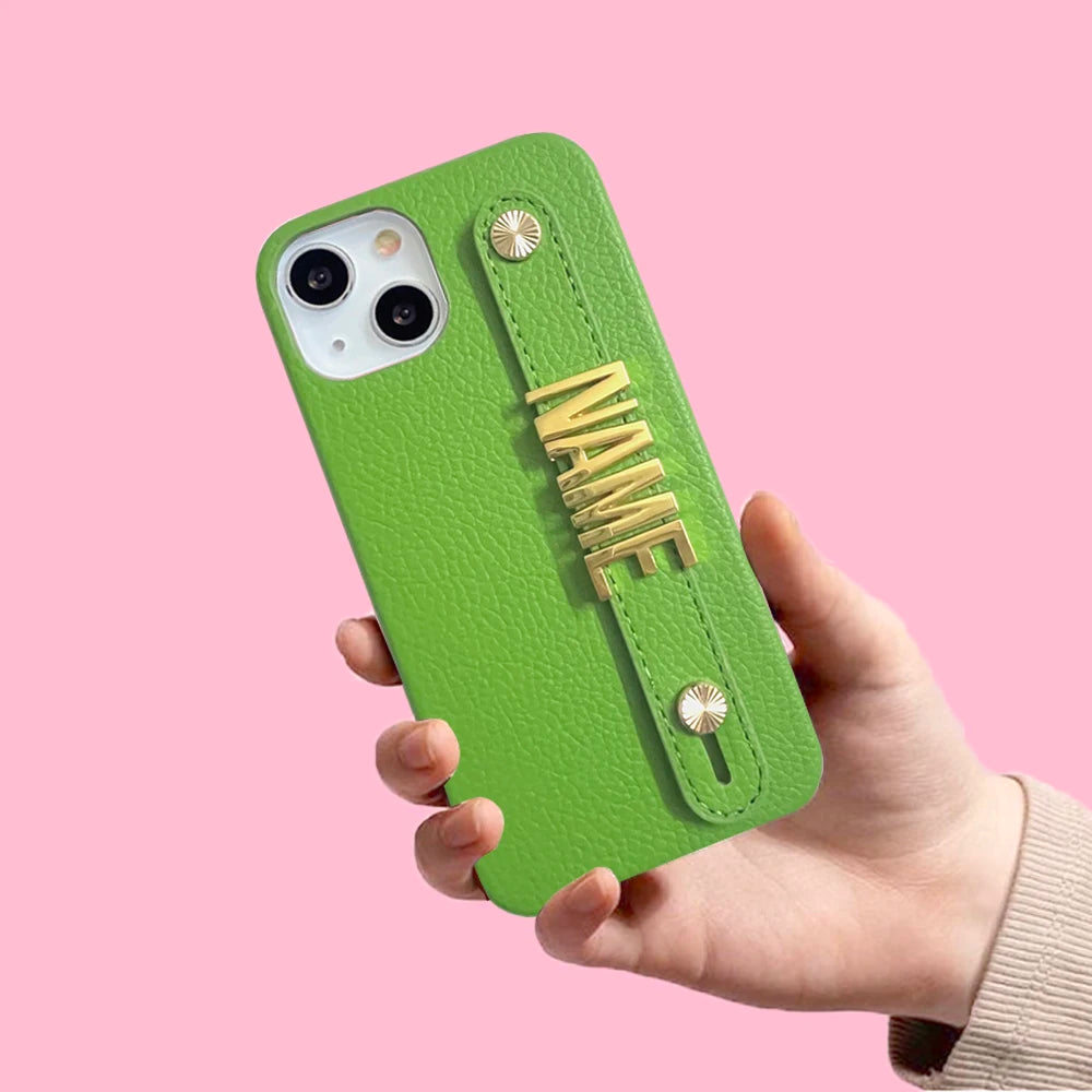 Holding Strap Personalised Custom Name Gold Metal Letters Leather Phone Case For Iphone