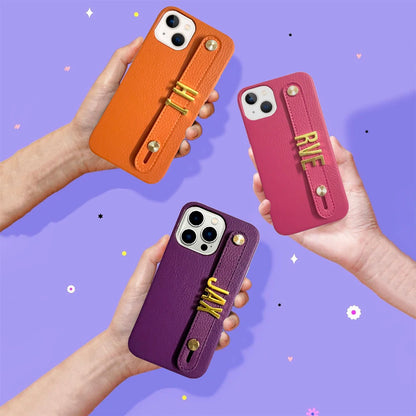 Personalized Leather Phone Case with Strap & Gold Letters For iPhone