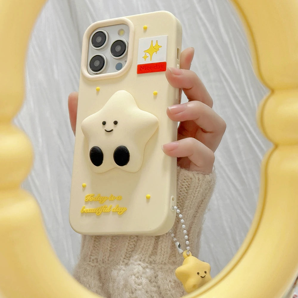 Kawaii Smile Moon Star Case Soft Silicone Cover With Holder Pendant For iPhone