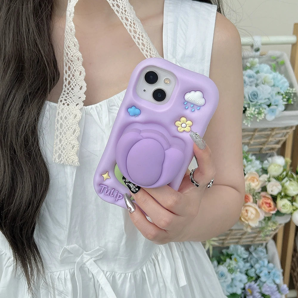 Kawaii Summer Floral Tulip Bracket Soft Silicone Phone Case