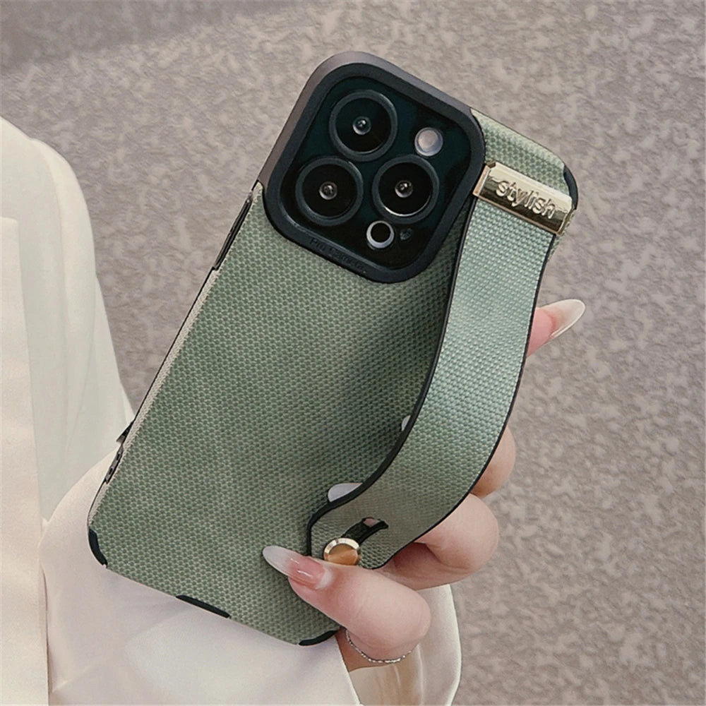 Luxury Leather Wrist Strap Holder Stand Phone Bracket Case For iPhone