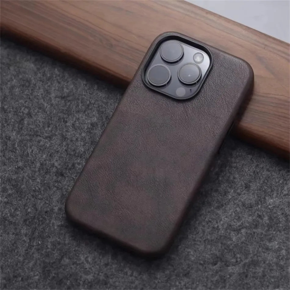 Retro Crazy Horse Leather Magsafe Phone Case For iPhone Simple Leather Texture Magnetic Phone Case